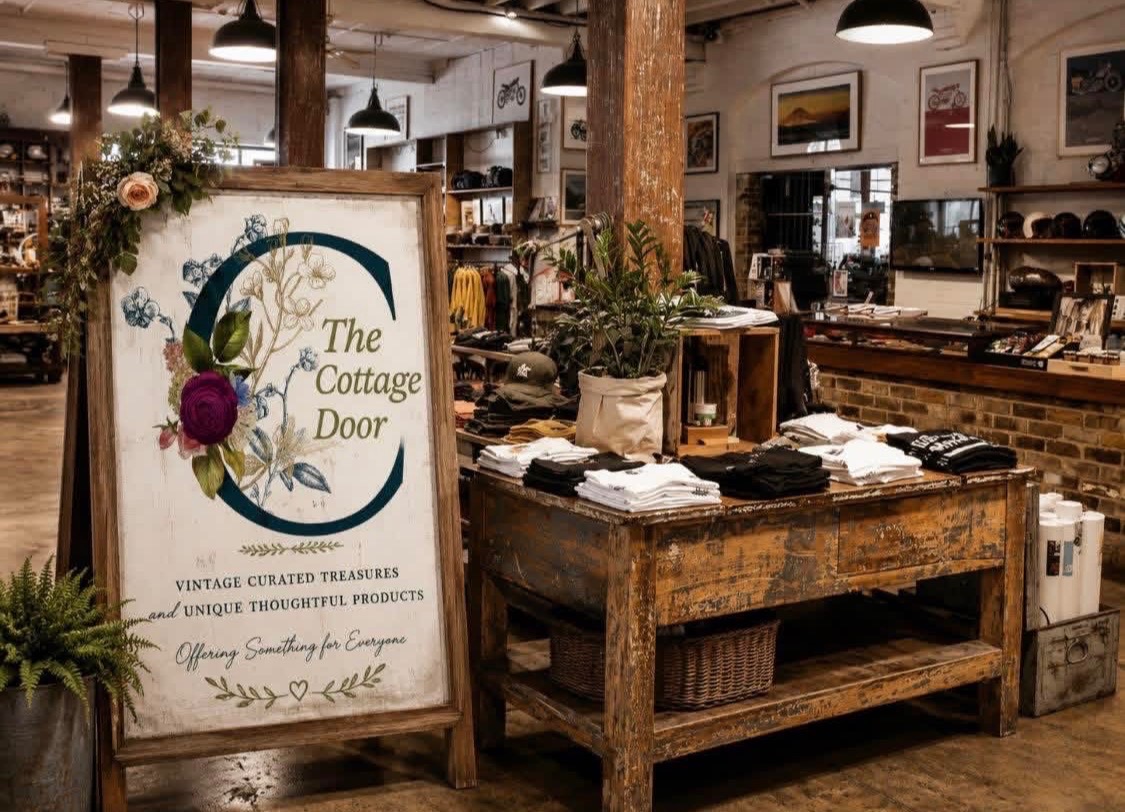 Rendering of a wooden A-frame sign reading The Cottage Door, vintage curated treasures