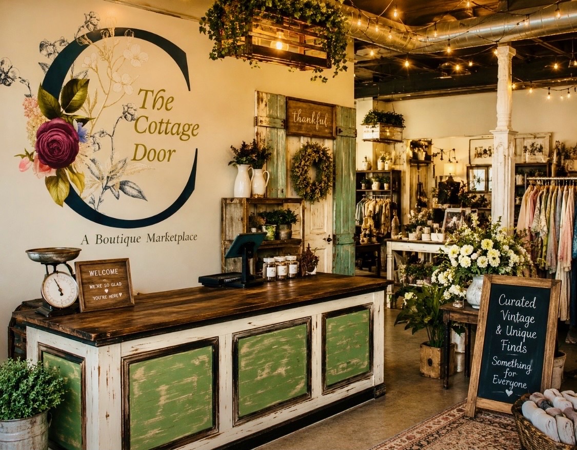 Rendering of a green and cream checkout counter beneath the Cottage Door mural
