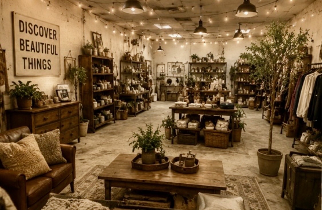 Rendering of a warm, lamp-lit room of wooden shelves, plants and leather chairs under a sign reading Discover Beautiful Things