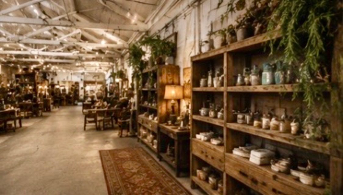 Rendering of tall wooden shelves of pottery and jars with trailing greenery