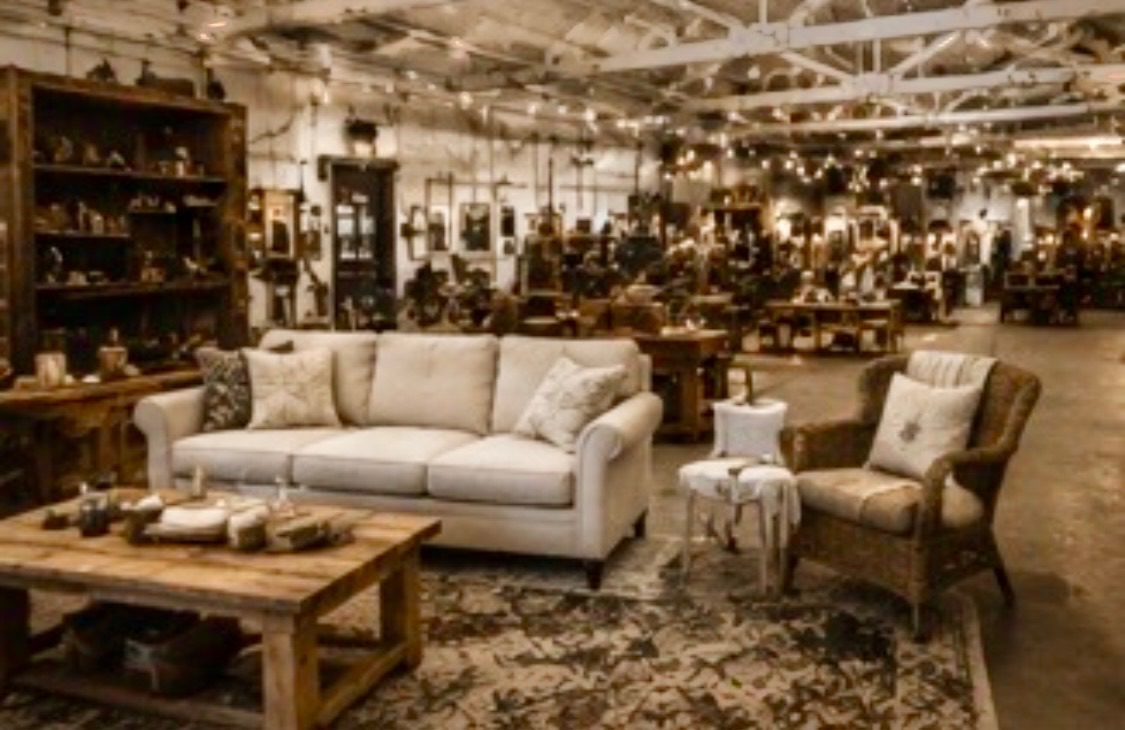 Rendering of a cream sofa and wicker chair on a rug in the middle of the market